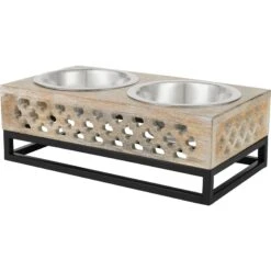 Dog - Cat Shop 20 Frisco Premium Wood Elevated Stainless Steel Double Diner Dog & Cat Bowl, 3 Cup